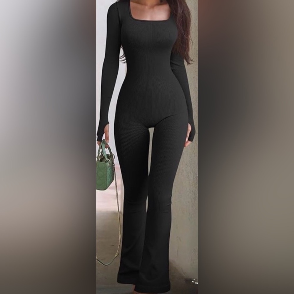 OQQ Women's Black Ribbed Long-Sleeve Jumpsuit, XL